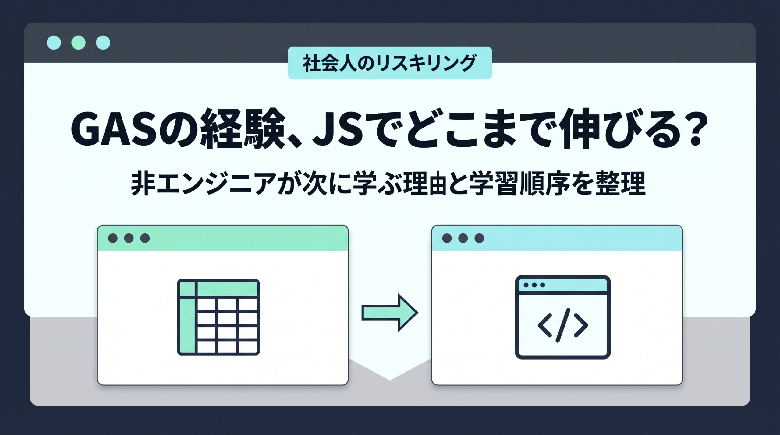 GASからJavaScript学習への橋渡しを示すイラストと、非エンジニア向けの学習順序を紹介するサムネイル画像